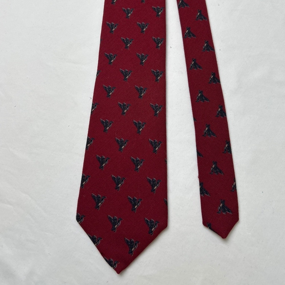 Kenneth Gordon Vintage Mens Wool Challis Mallard Duck Bird Print Tie Red Formal